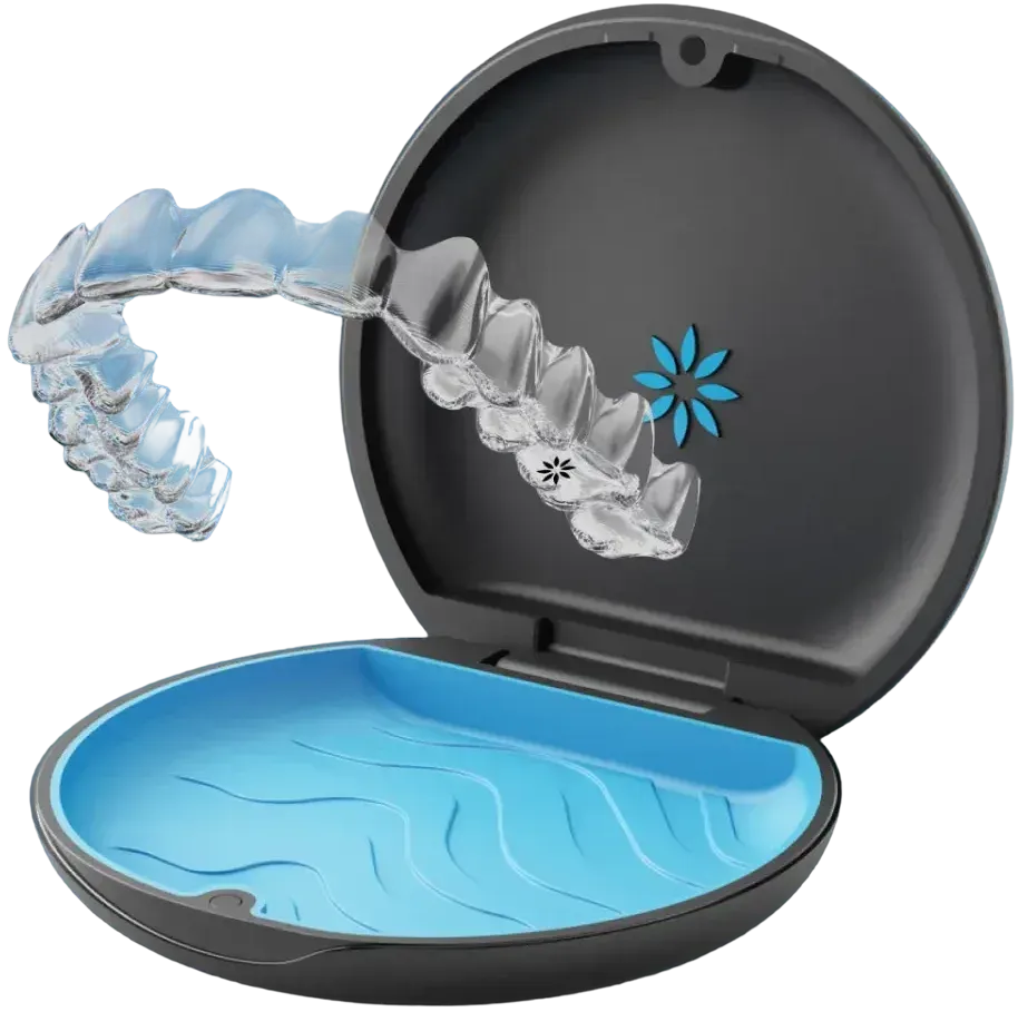Open Invisalign case with clear aligners